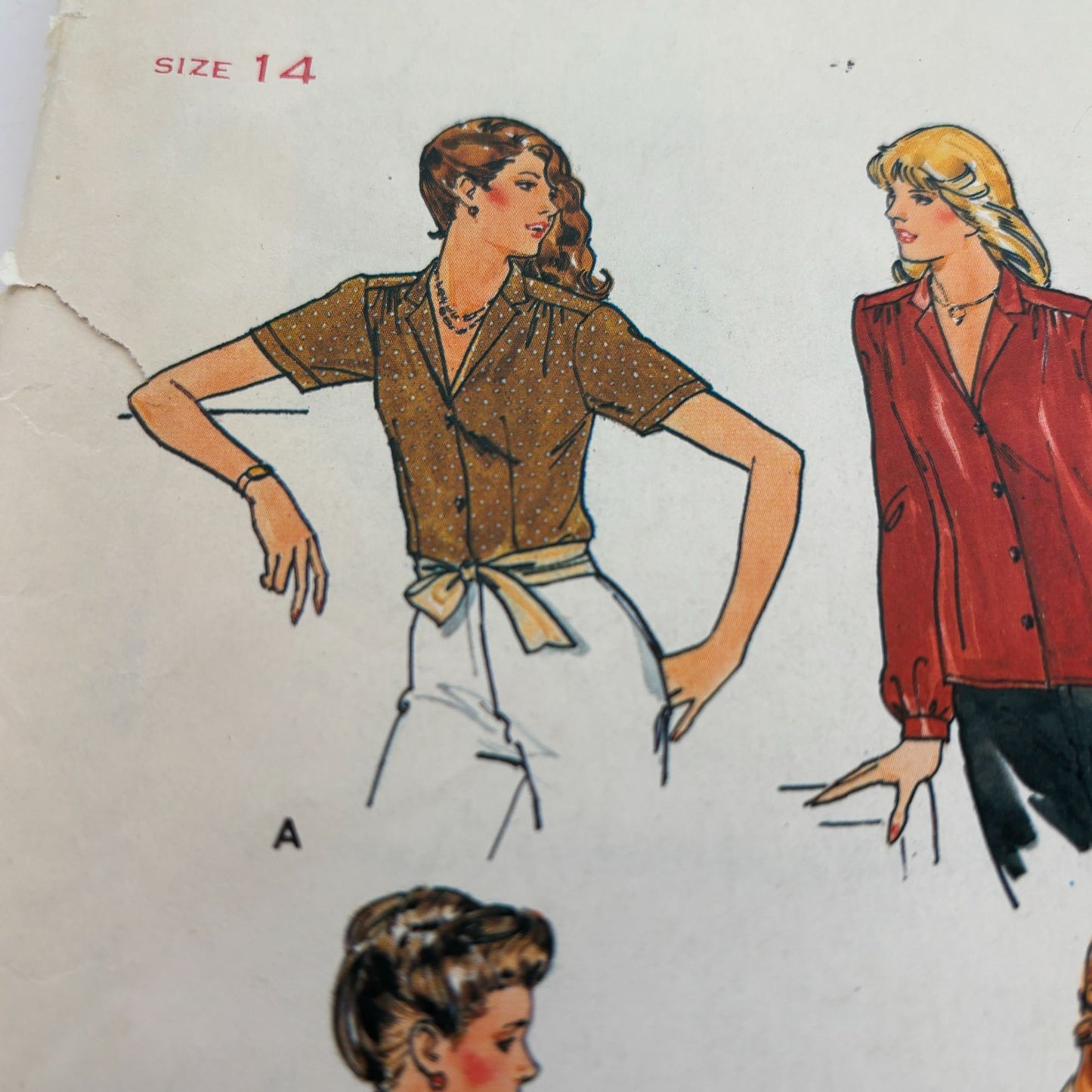 Butterick Sewing Pattern 6696 Casual Shirt Blouses Vintage 1980s CUT to Size 14
