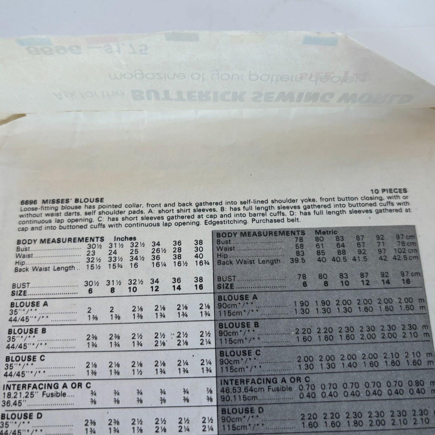 Butterick Sewing Pattern 6696 Casual Shirt Blouses Vintage 1980s CUT to Size 14