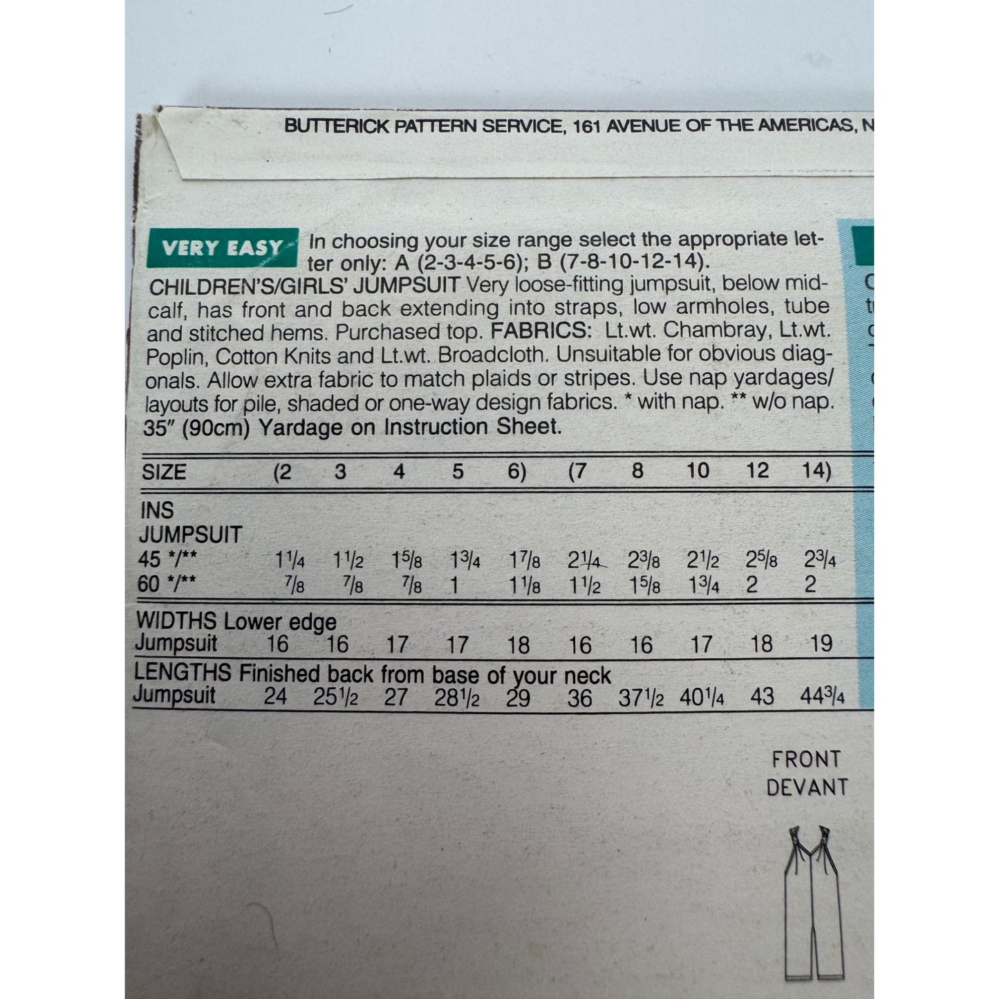 Butterick See and Sew Sewing Pattern 3425 Girls Jumpsuit Outfit 7-14 Easy Uncut