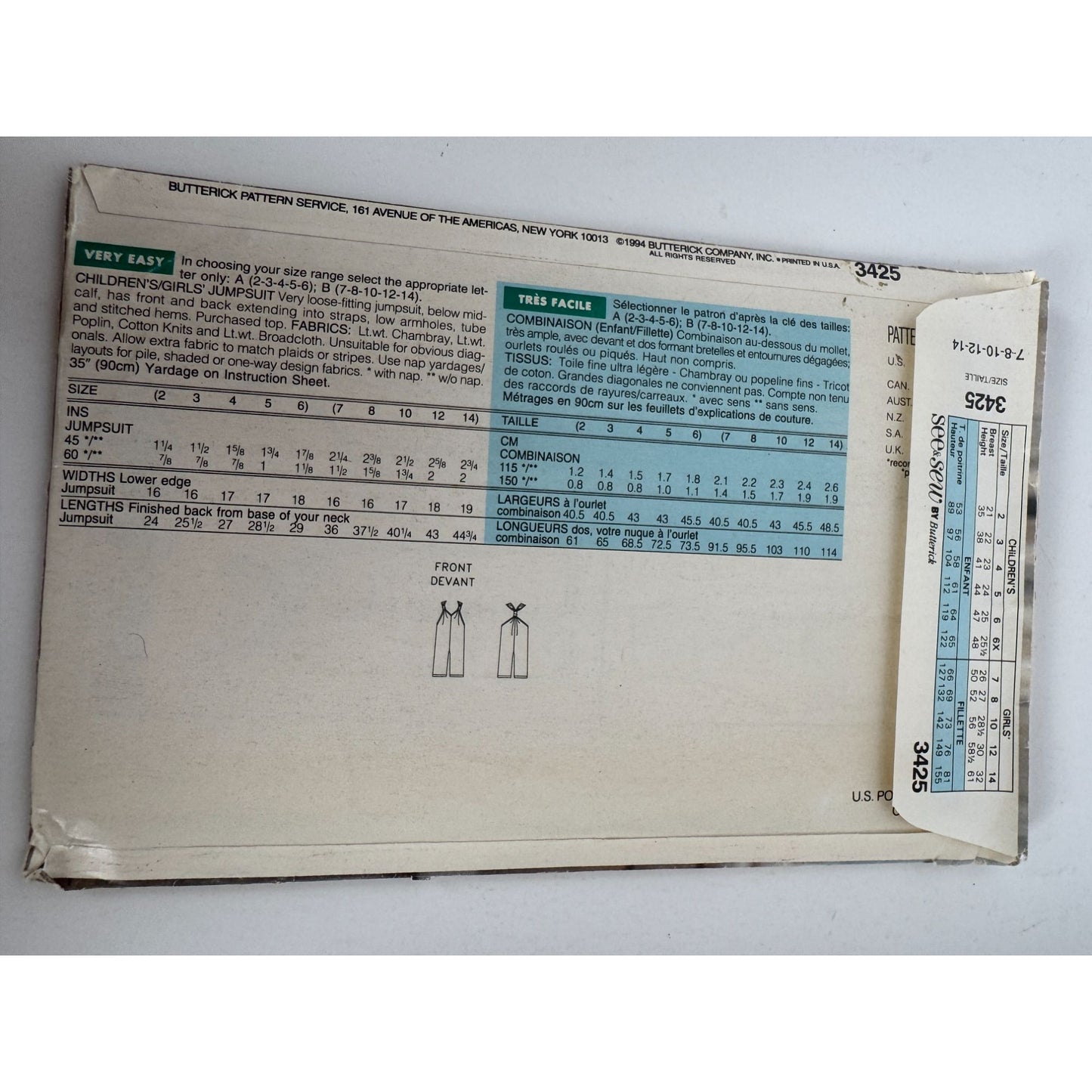 Butterick See and Sew Sewing Pattern 3425 Girls Jumpsuit Outfit 7-14 Easy Uncut