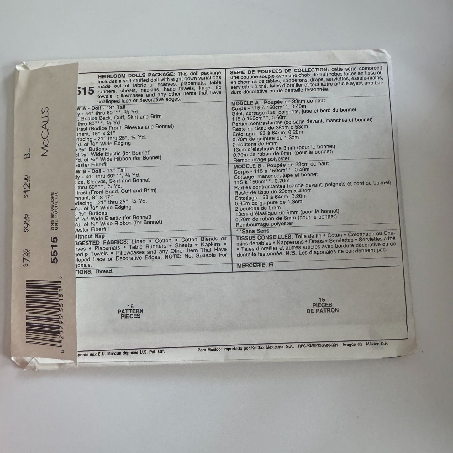 McCalls Sewing Pattern 5515 American Heirloom Dolls Gown Variations Craft Uncut