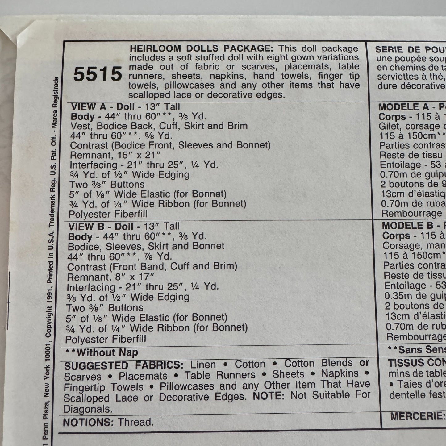 McCalls Sewing Pattern 5515 American Heirloom Dolls Gown Variations Craft Uncut