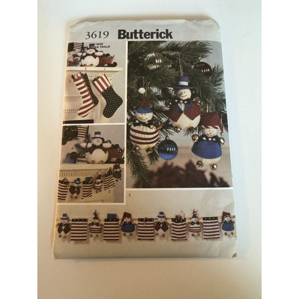 Butterick 3619 Sewing Pattern Christmas Stockings Snowman Tree Ornaments UNCUT