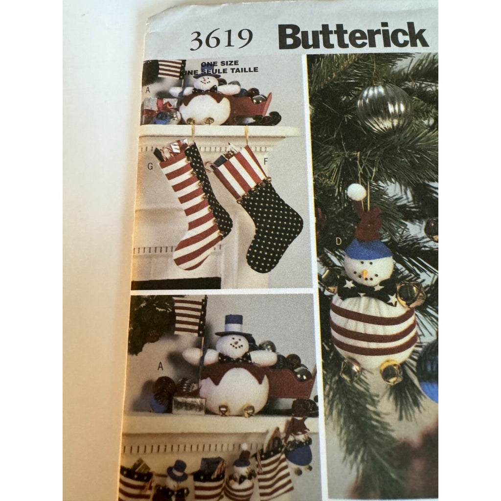 Butterick 3619 Sewing Pattern Christmas Stockings Snowman Tree Ornaments UNCUT