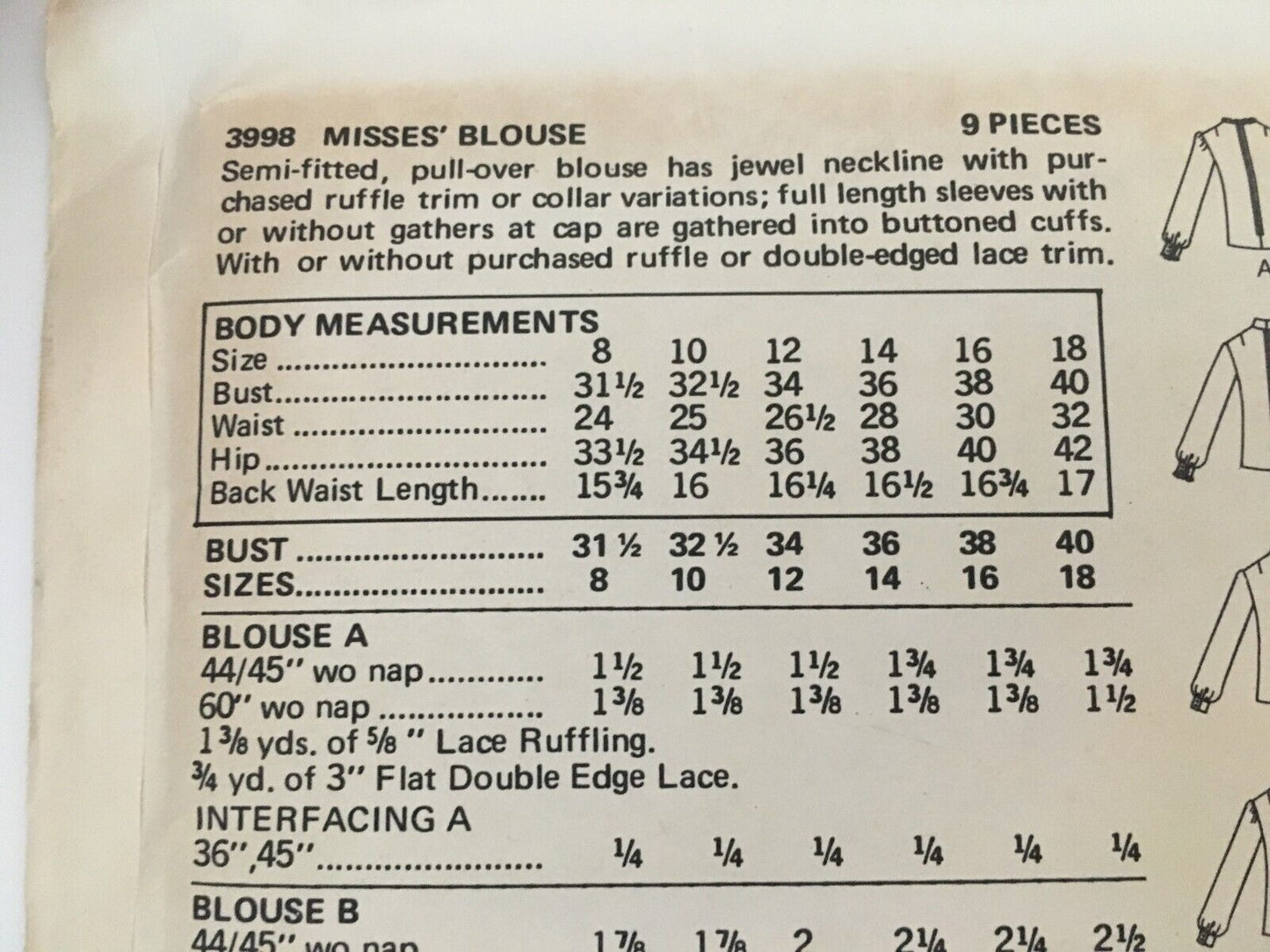 Butterick Sewing Pattern 3998 Victorian Prairie Blouse Shirt Vintage 1970s UC 8