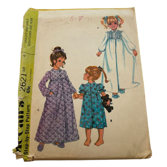 McCalls Sewing Pattern 2621 Girls Long Nightgown Robe Pajamas Size 4 Uncut 1970s