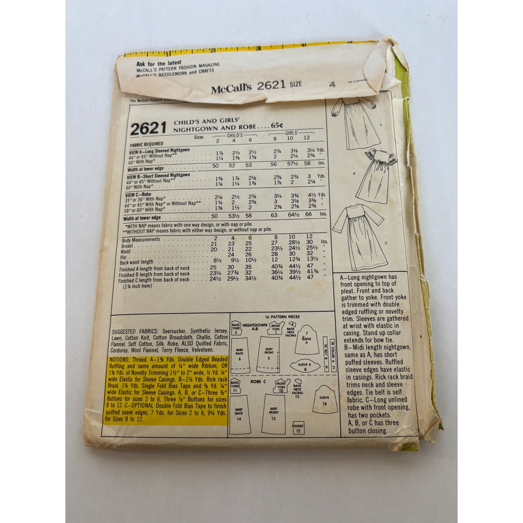 McCalls Sewing Pattern 2621 Girls Long Nightgown Robe Pajamas Size 4 Uncut 1970s
