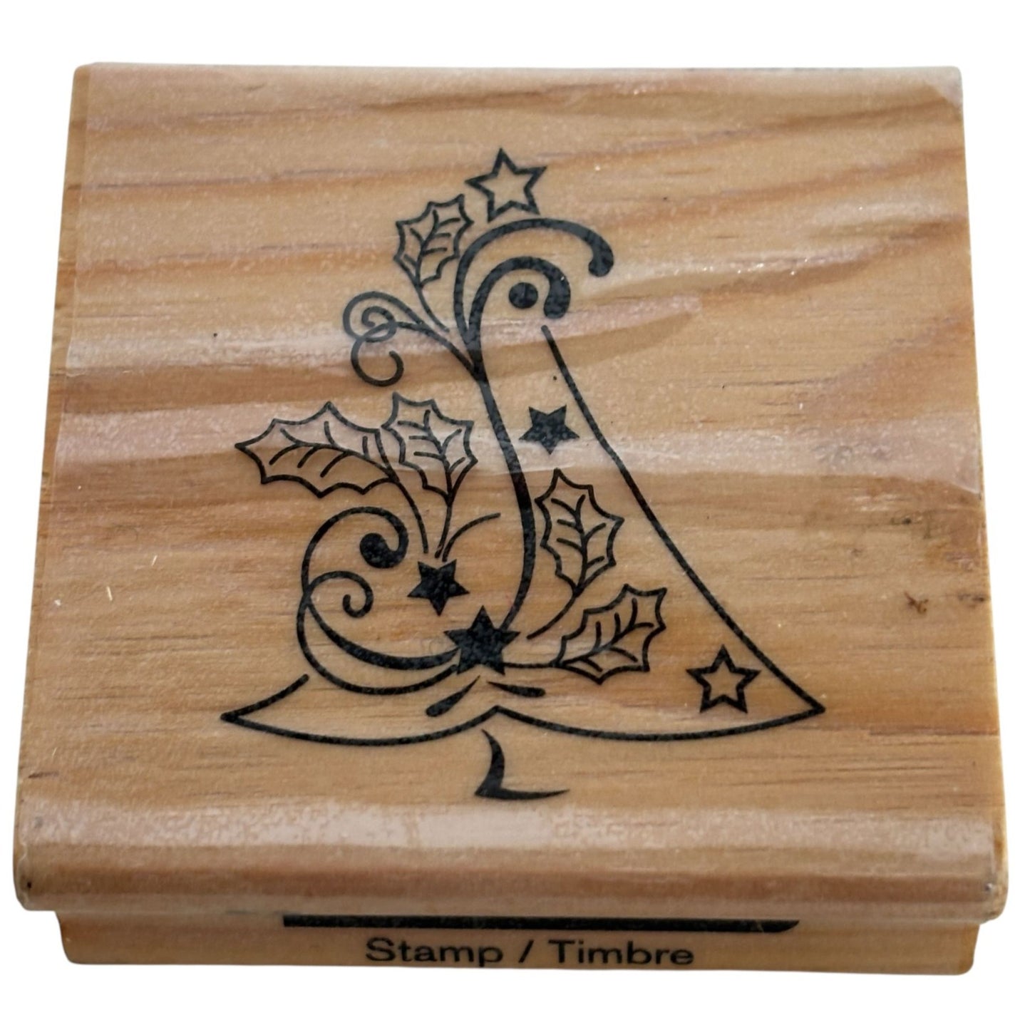 CraftSmart Wood Mounted Rubber Stamp Christmas Tree Holly Holiday Card Making