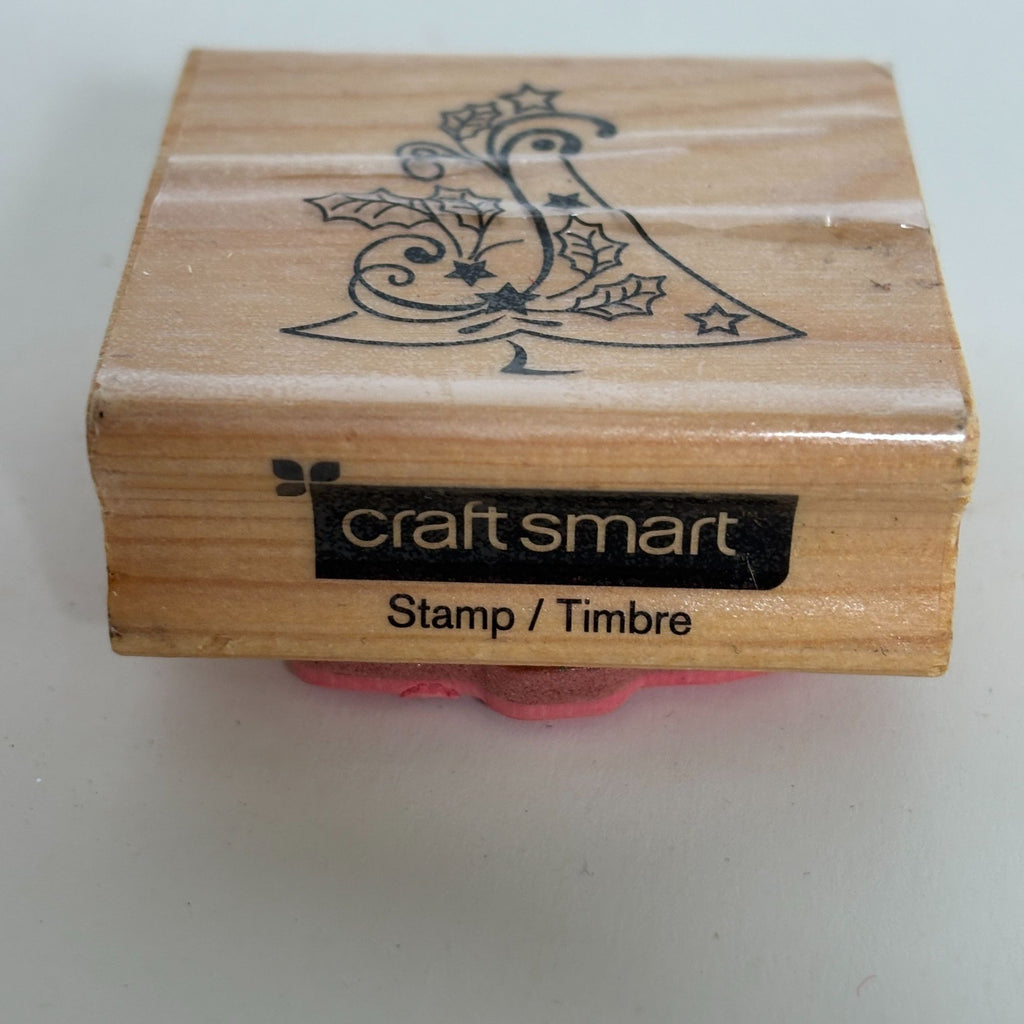 CraftSmart Wood Mounted Rubber Stamp Christmas Tree Holly Holiday Card Making