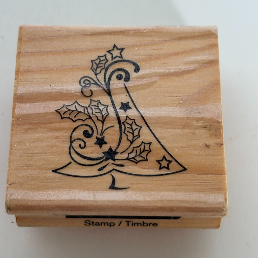 CraftSmart Wood Mounted Rubber Stamp Christmas Tree Holly Holiday Card Making