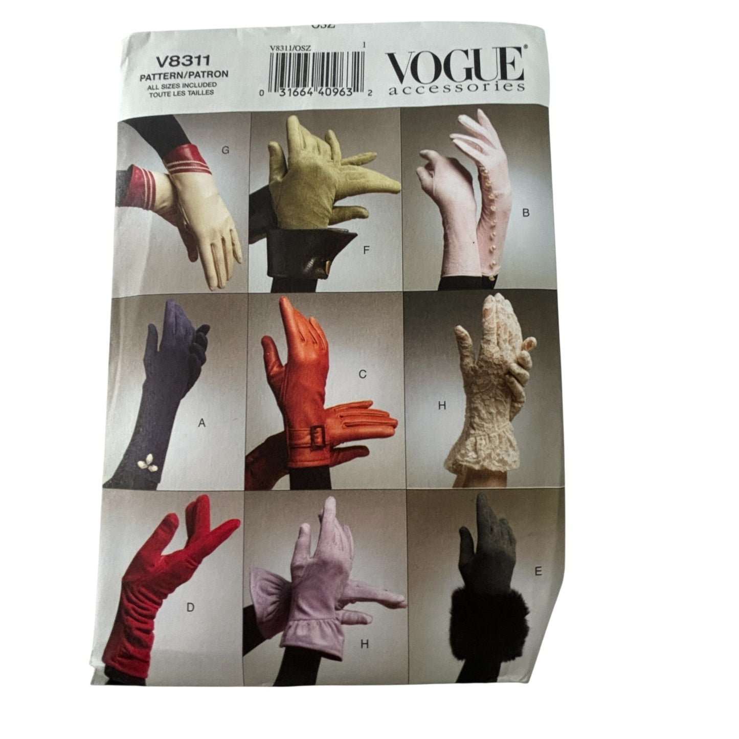 Vogue Sewing Pattern V8311 Stretch Gloves S M L Driving Winter Accessories UC