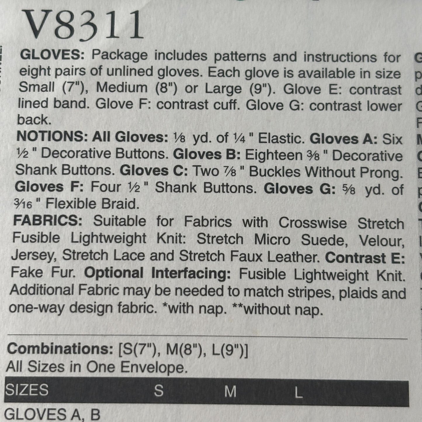 Vogue Sewing Pattern V8311 Stretch Gloves S M L Driving Winter Accessories UC