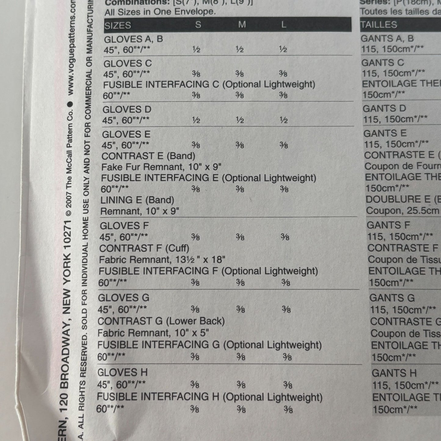 Vogue Sewing Pattern V8311 Stretch Gloves S M L Driving Winter Accessories UC