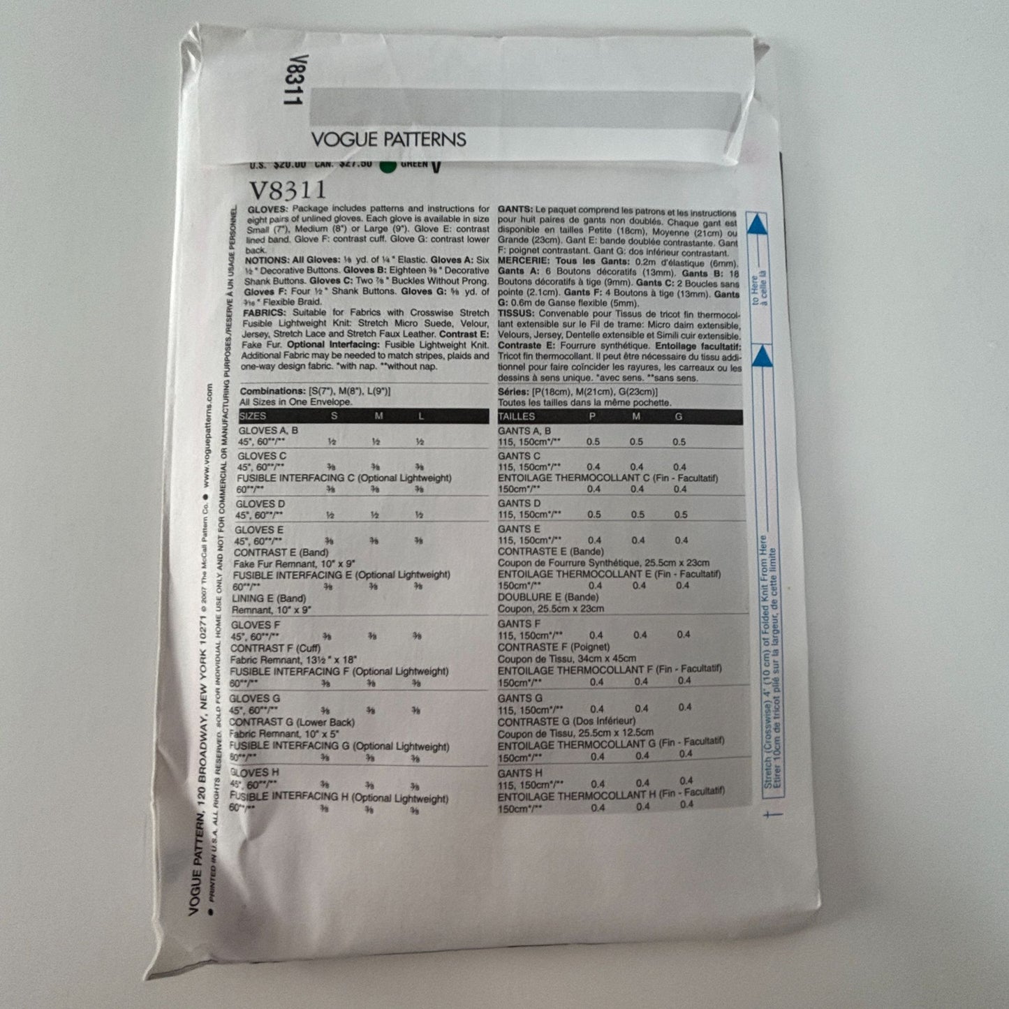 Vogue Sewing Pattern V8311 Stretch Gloves S M L Driving Winter Accessories UC