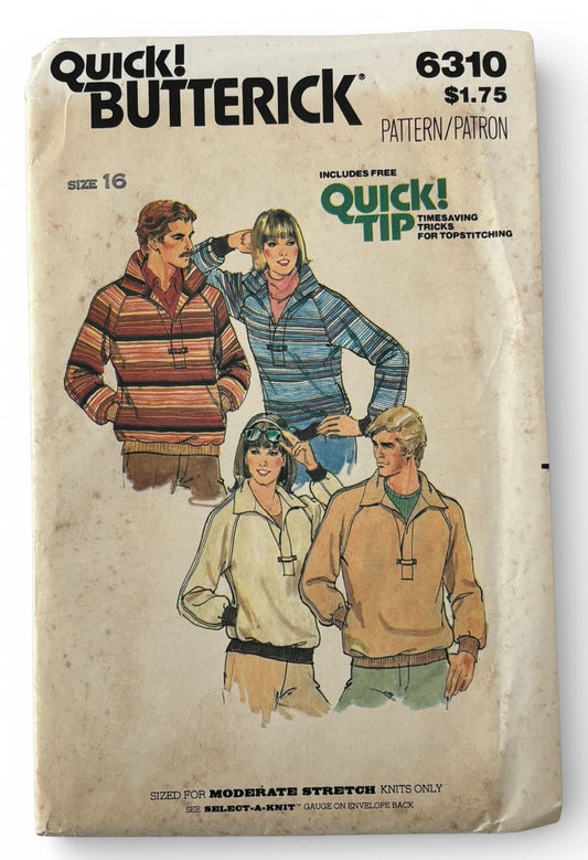 Butterick Sewing Pattern 6310 Misses Raglan Sweatshirt Top Shirt 1980s 16 Uncut