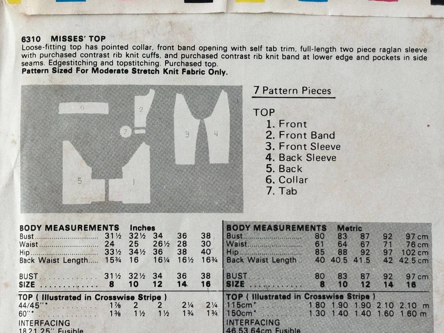 Butterick Sewing Pattern 6310 Misses Raglan Sweatshirt Top Shirt 1980s 16 Uncut