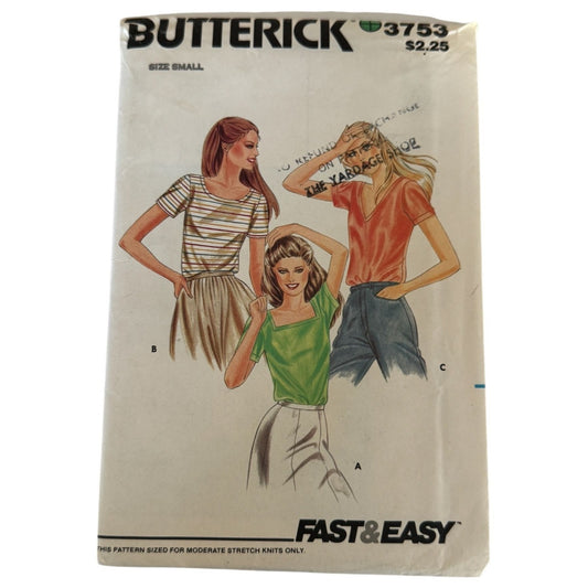 Vintage 1980s Butterick 3753 Blouse Sewing Pattern Fast Easy Knit Tops Small Square V Neck