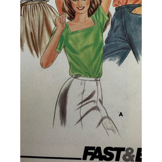 Vintage 1980s Butterick 3753 Blouse Sewing Pattern Fast Easy Knit Tops Small Square V Neck