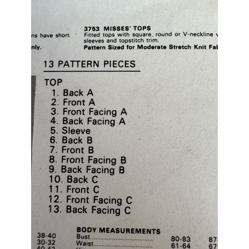 Vintage 1980s Butterick 3753 Blouse Sewing Pattern Fast Easy Knit Tops Small Square V Neck