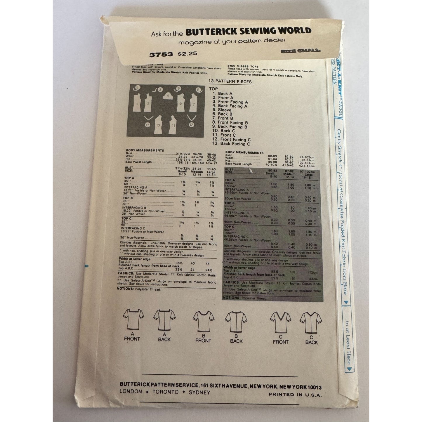 Vintage 1980s Butterick 3753 Blouse Sewing Pattern Fast Easy Knit Tops Small Square V Neck