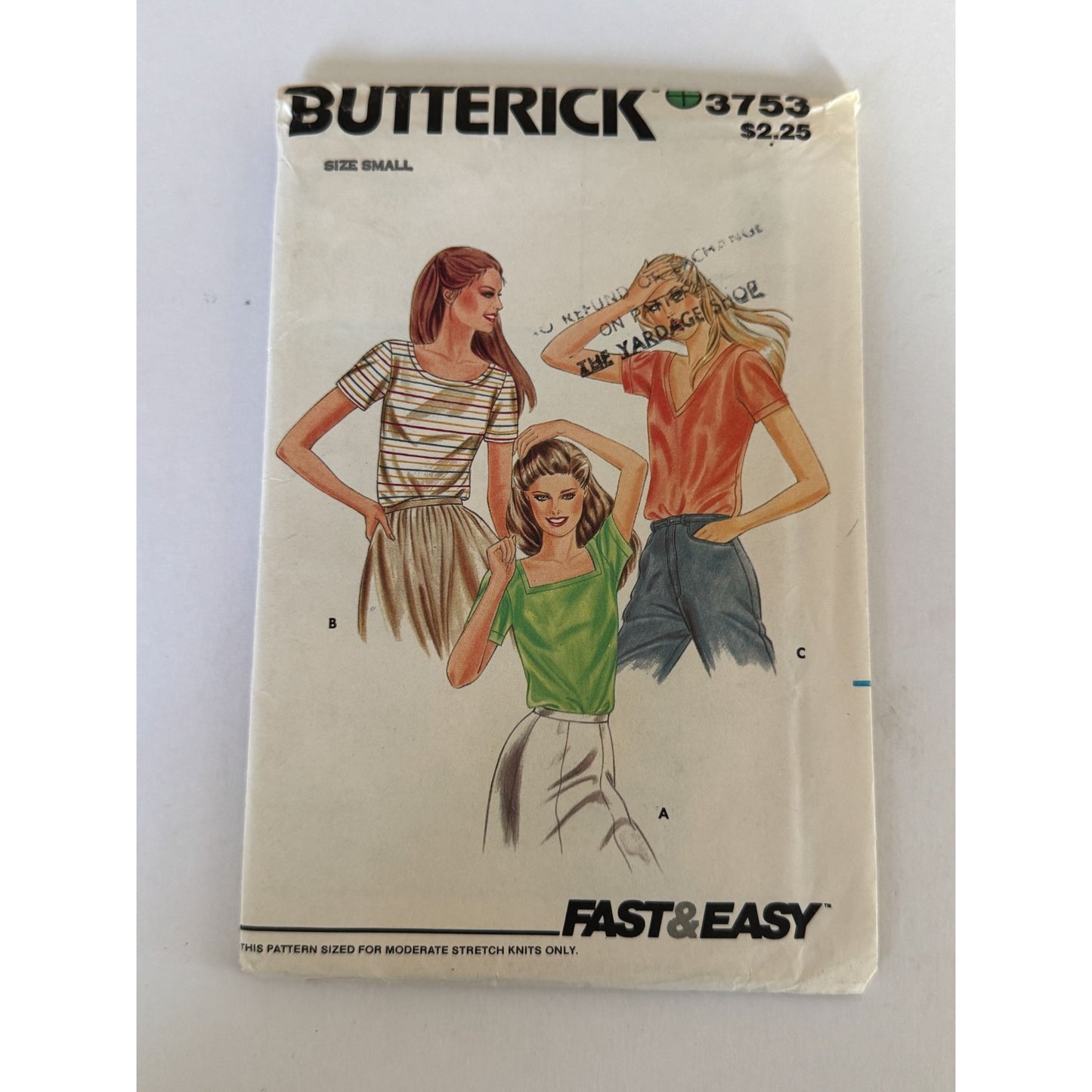 Vintage 1980s Butterick 3753 Blouse Sewing Pattern Fast Easy Knit Tops Small Square V Neck