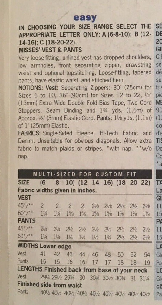 Butterick Sewing Pattern 3296 Vest Drawstring Pants Minimalist Utility 6-10 UC