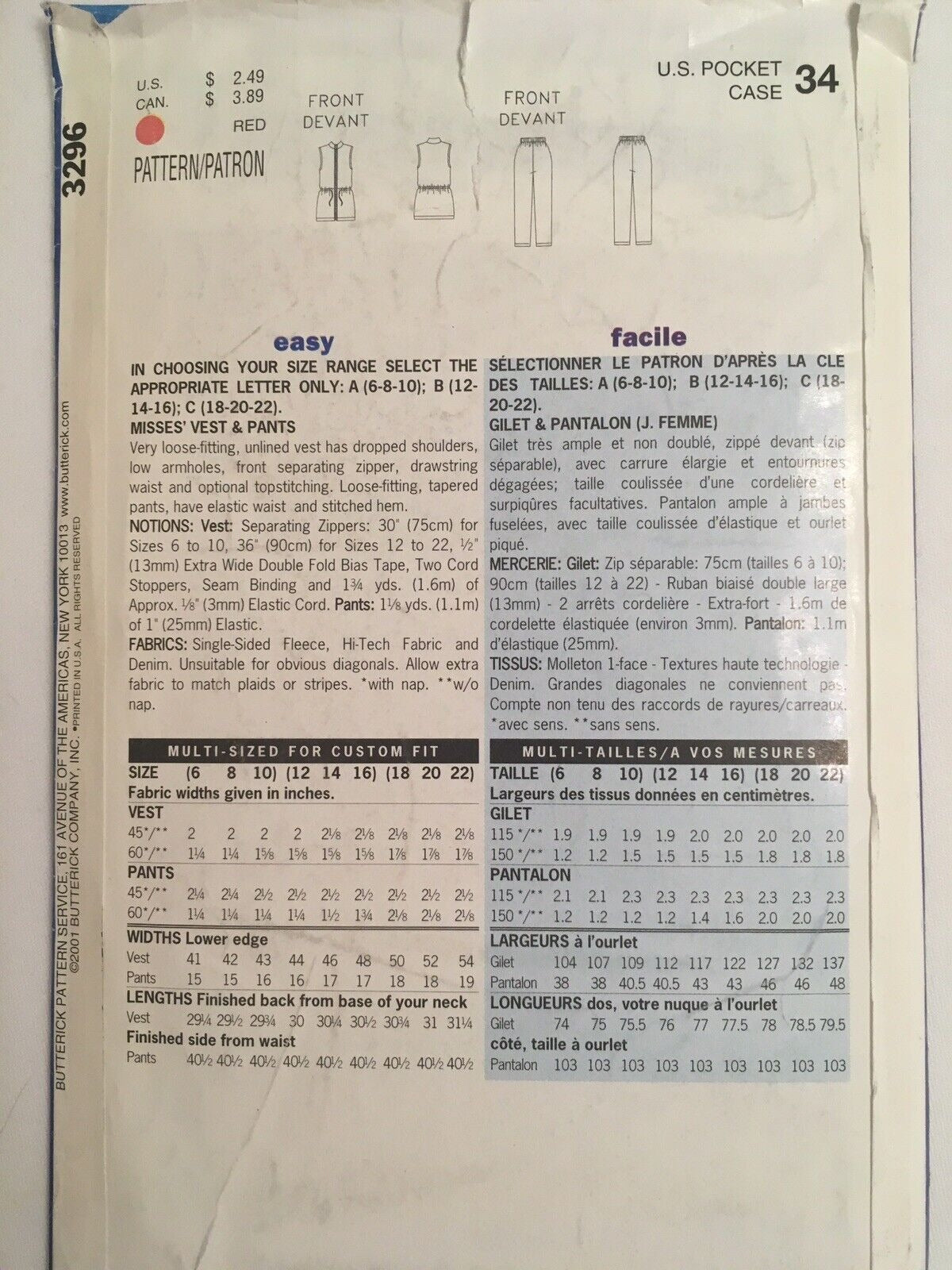 Butterick Sewing Pattern 3296 Vest Drawstring Pants Minimalist Utility 6-10 UC