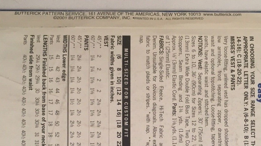 Butterick Sewing Pattern 3296 Vest Drawstring Pants Minimalist Utility 6-10 UC