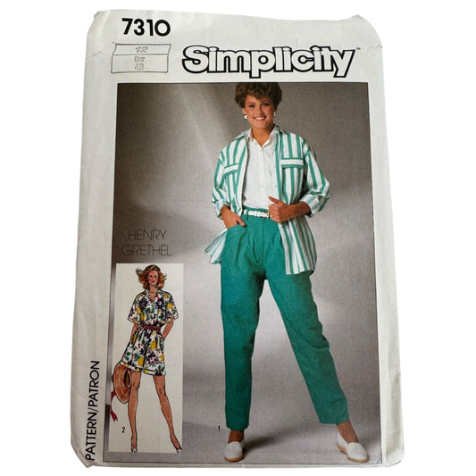 Simplicity Sewing Pattern 7310 Pants Shorts Front Button Shirt 1980s Size 12 UC