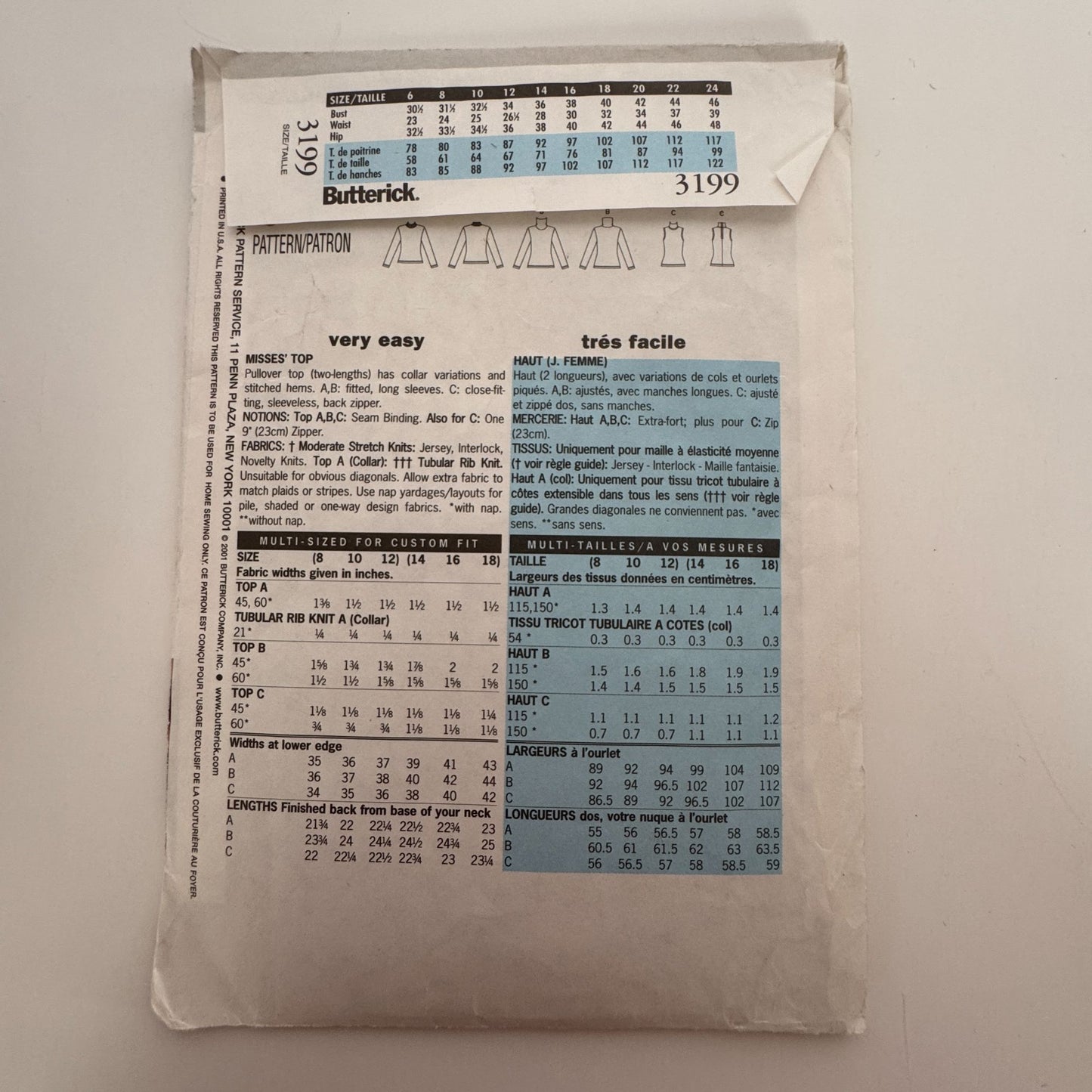 Butterick Sewing Pattern 3199 Shirt Tops Easy Fall Neck Variations 8 10 12 UC