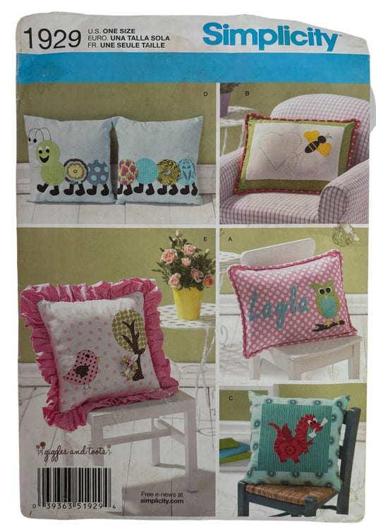 Simplicity Sewing Pattern 1929 Appliqued Pillows Owl Bee Caterpillar Dragon Bird