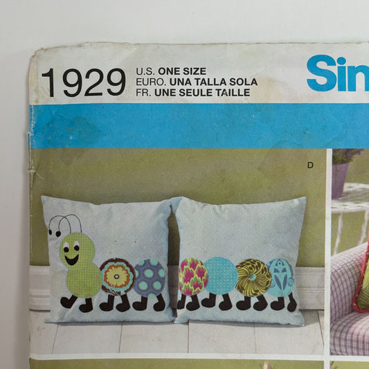 Simplicity Sewing Pattern 1929 Appliqued Pillows Owl Bee Caterpillar Dragon Bird