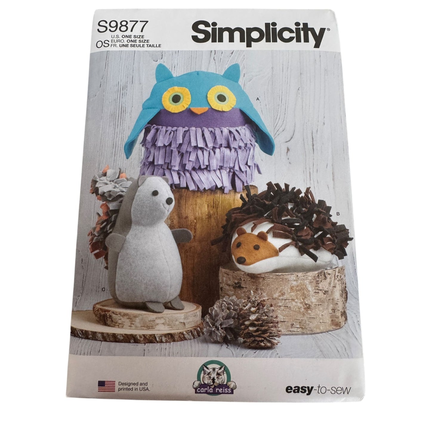 Simplicity Sewing Pattern S9877 Plush Stuffed Animal Owl Hedgehog Squirrel Easy