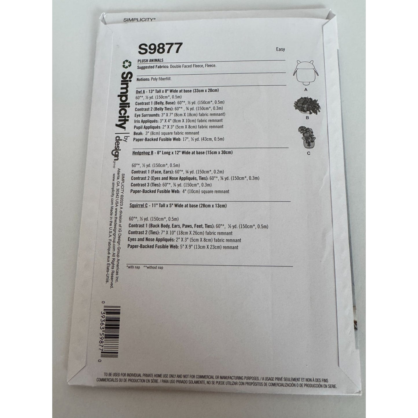 Simplicity Sewing Pattern S9877 Plush Stuffed Animal Owl Hedgehog Squirrel Easy
