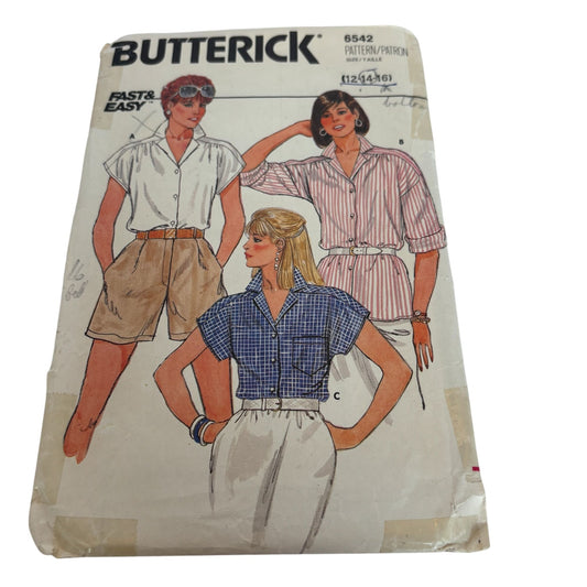 Butterick Sewing Pattern 6542 Blouse Button Down Shirt Vintage CUT to size 16