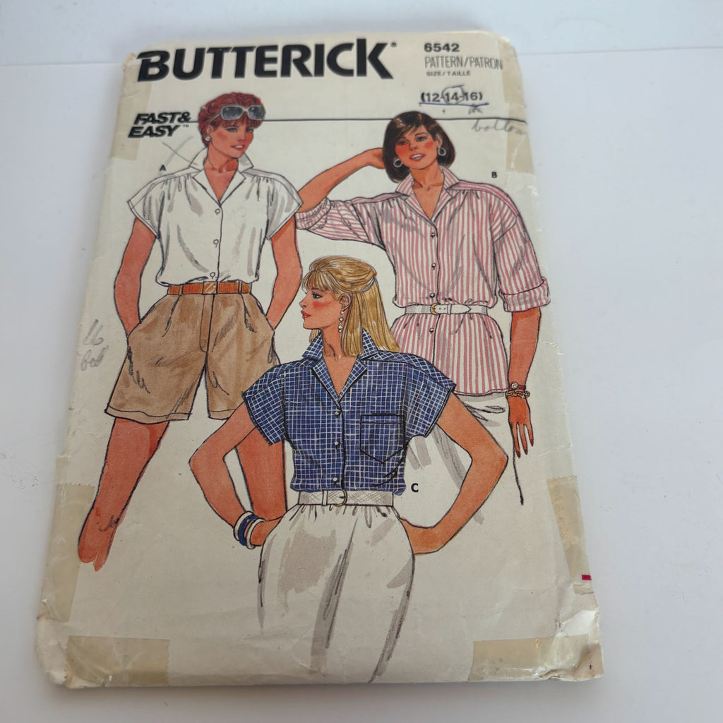 Butterick Sewing Pattern 6542 Blouse Button Down Shirt Vintage CUT to size 16