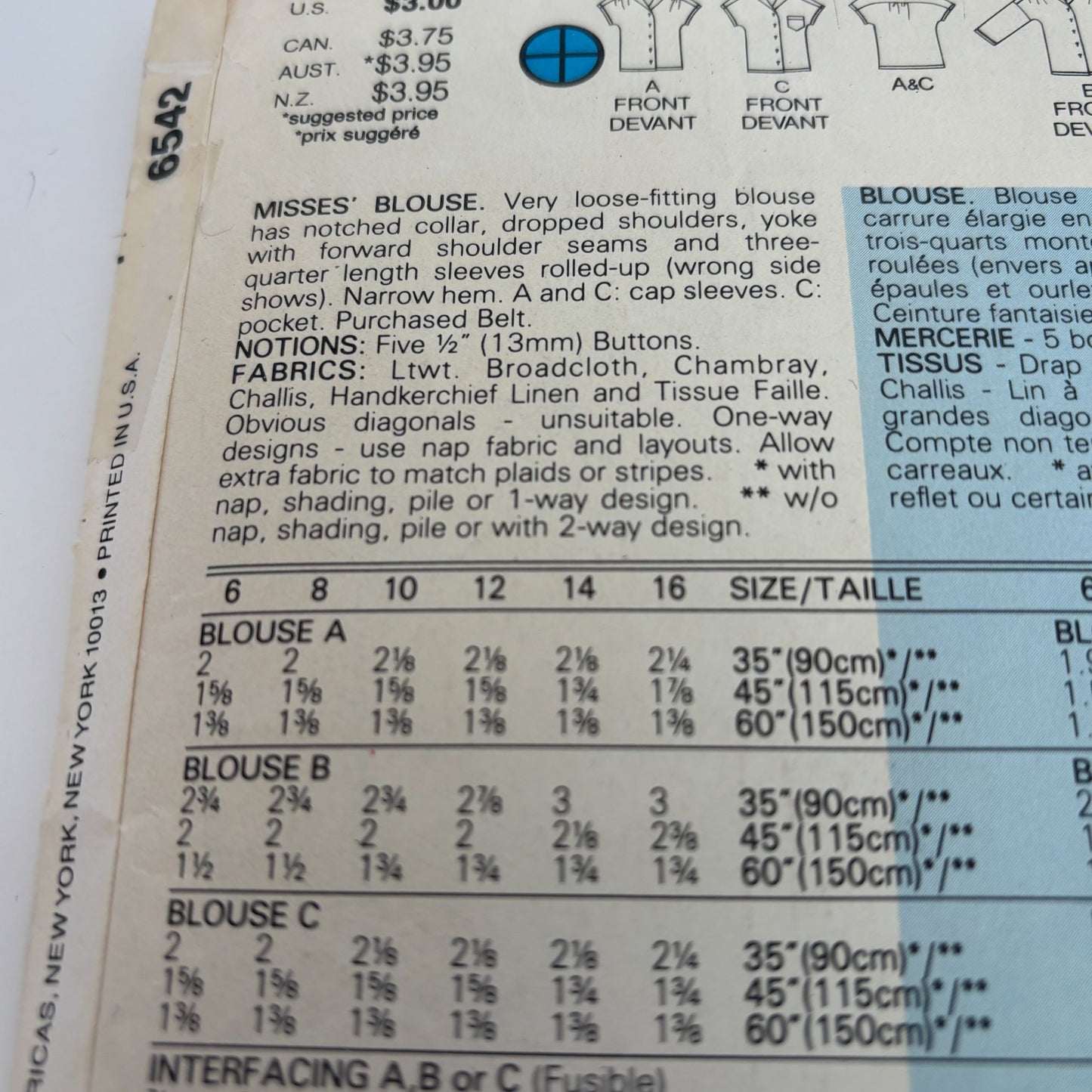 Butterick Sewing Pattern 6542 Blouse Button Down Shirt Vintage CUT to size 16