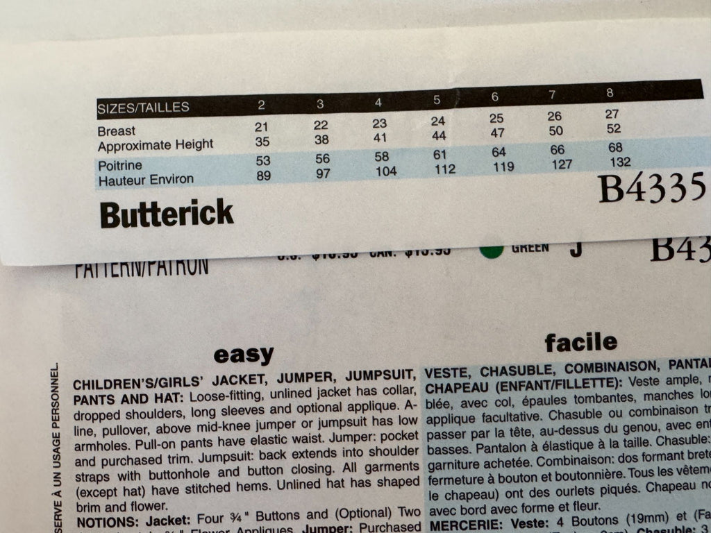 Butterick Sewing Pattern B4335 Winter Jacket Jumper Pants Toddler Girls 2 3 4 5
