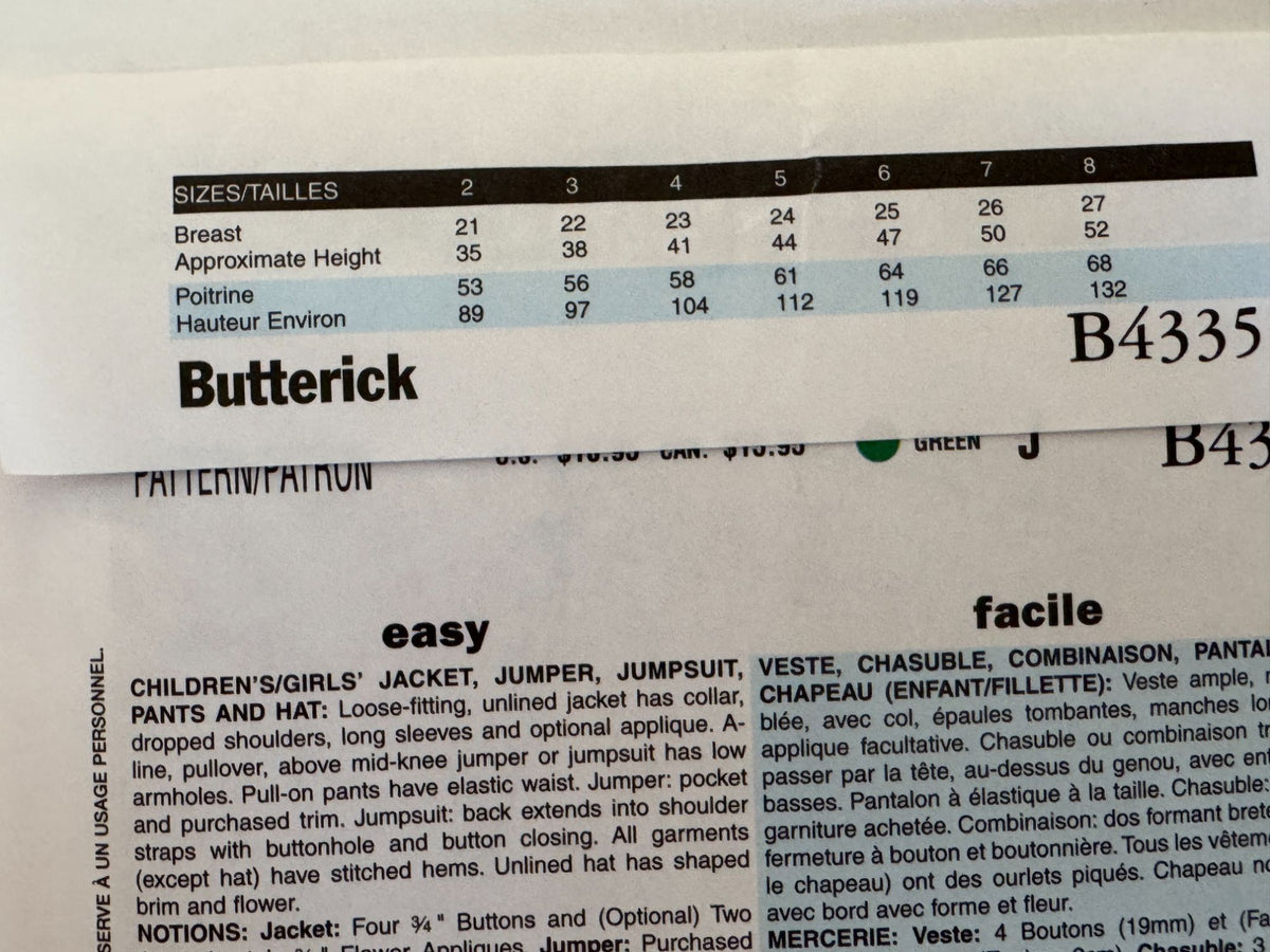 Butterick Sewing Pattern B4335 Winter Jacket Jumper Pants Toddler Girls 2 3 4 5