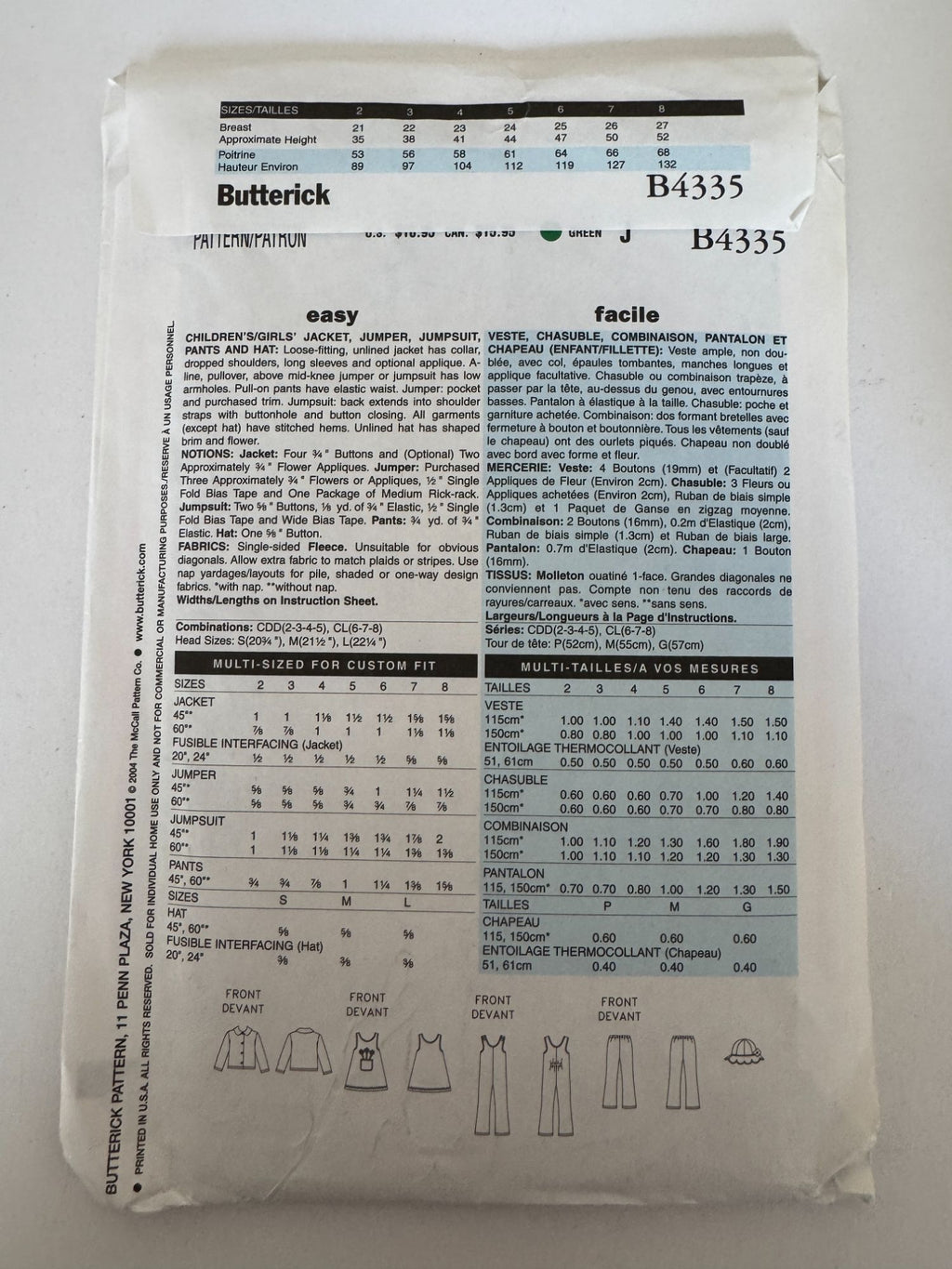 Butterick Sewing Pattern B4335 Winter Jacket Jumper Pants Toddler Girls 2 3 4 5