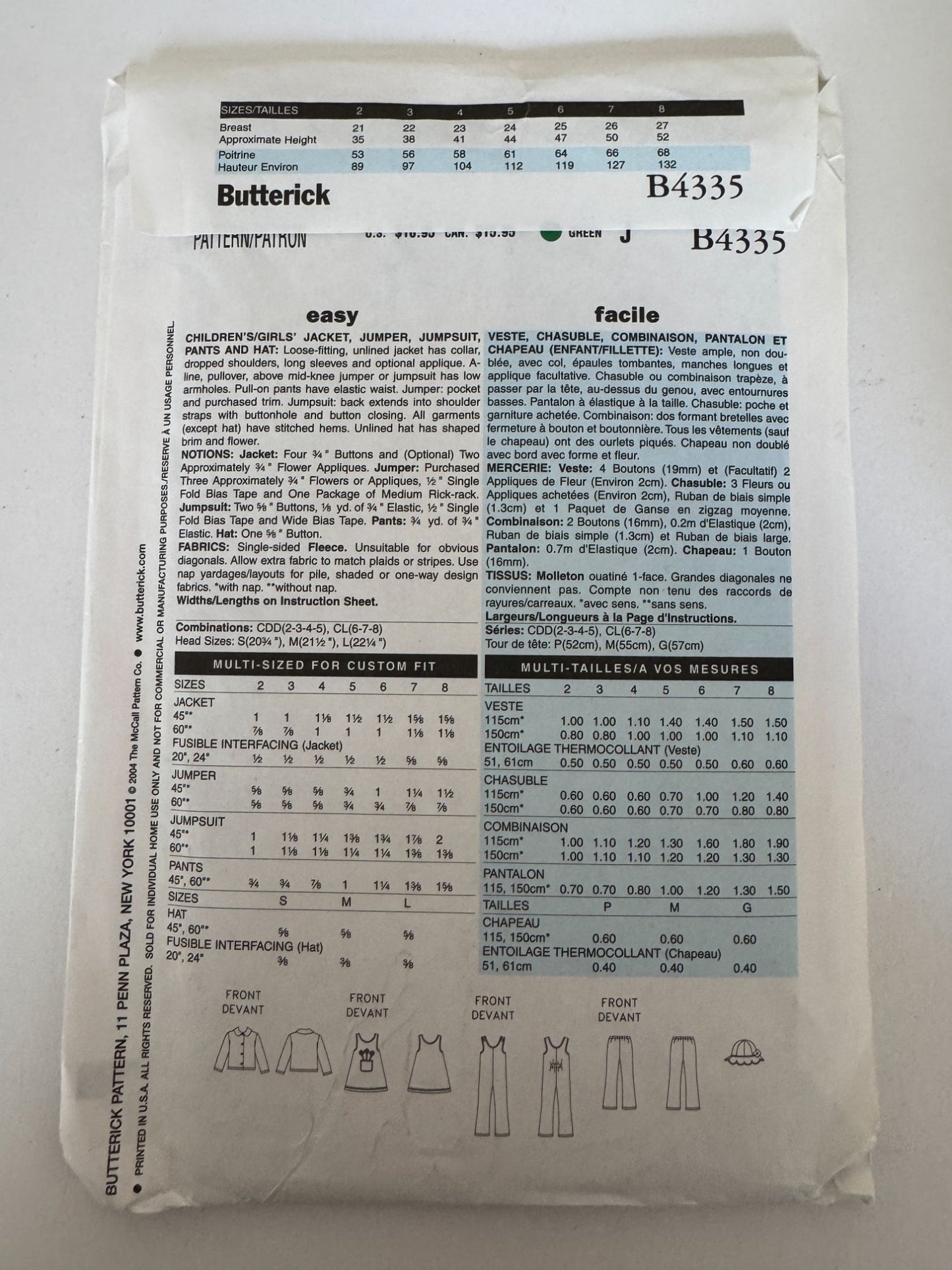 Butterick Sewing Pattern B4335 Winter Jacket Jumper Pants Toddler Girls 2 3 4 5