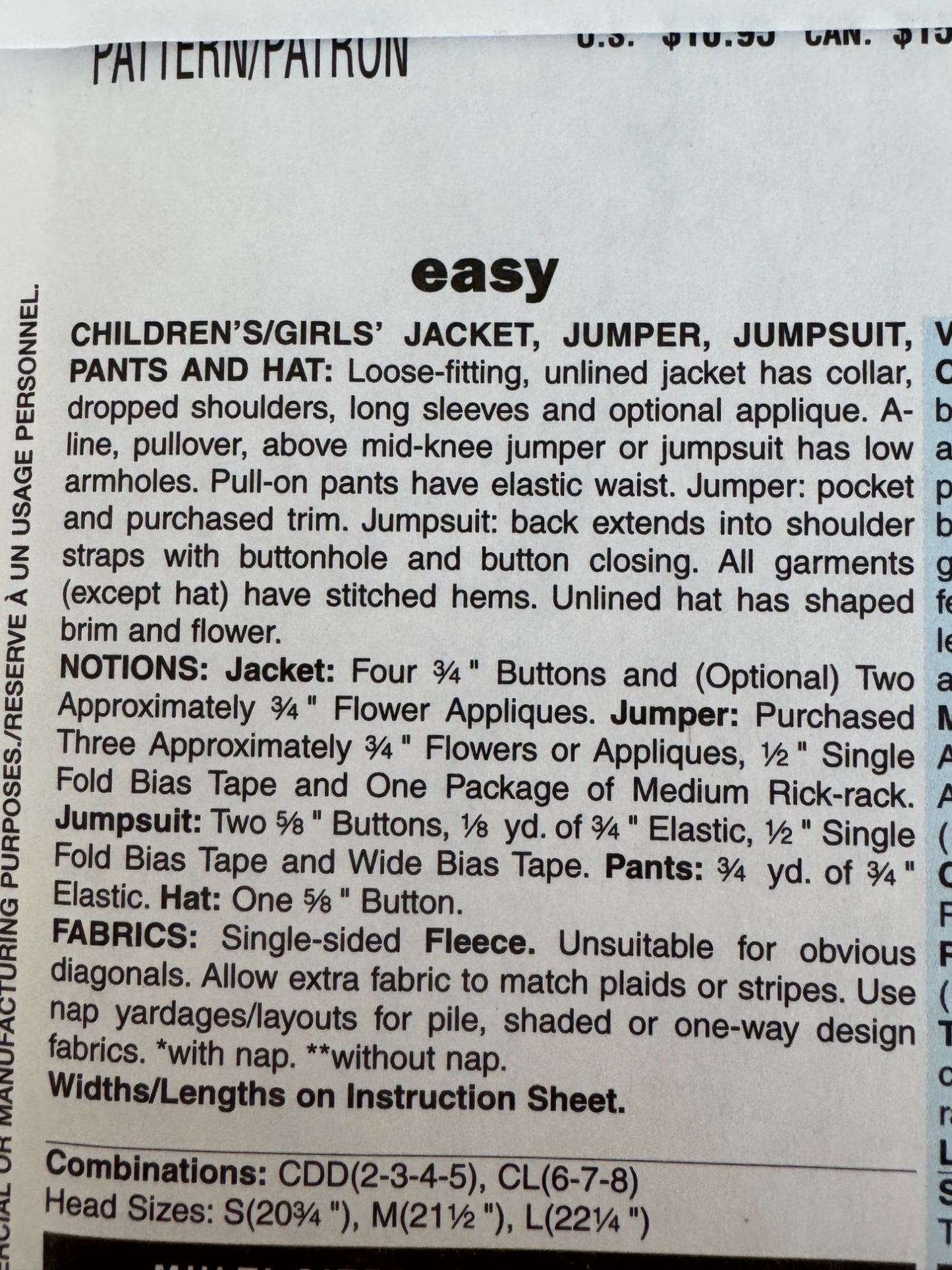 Butterick Sewing Pattern B4335 Winter Jacket Jumper Pants Toddler Girls 2 3 4 5