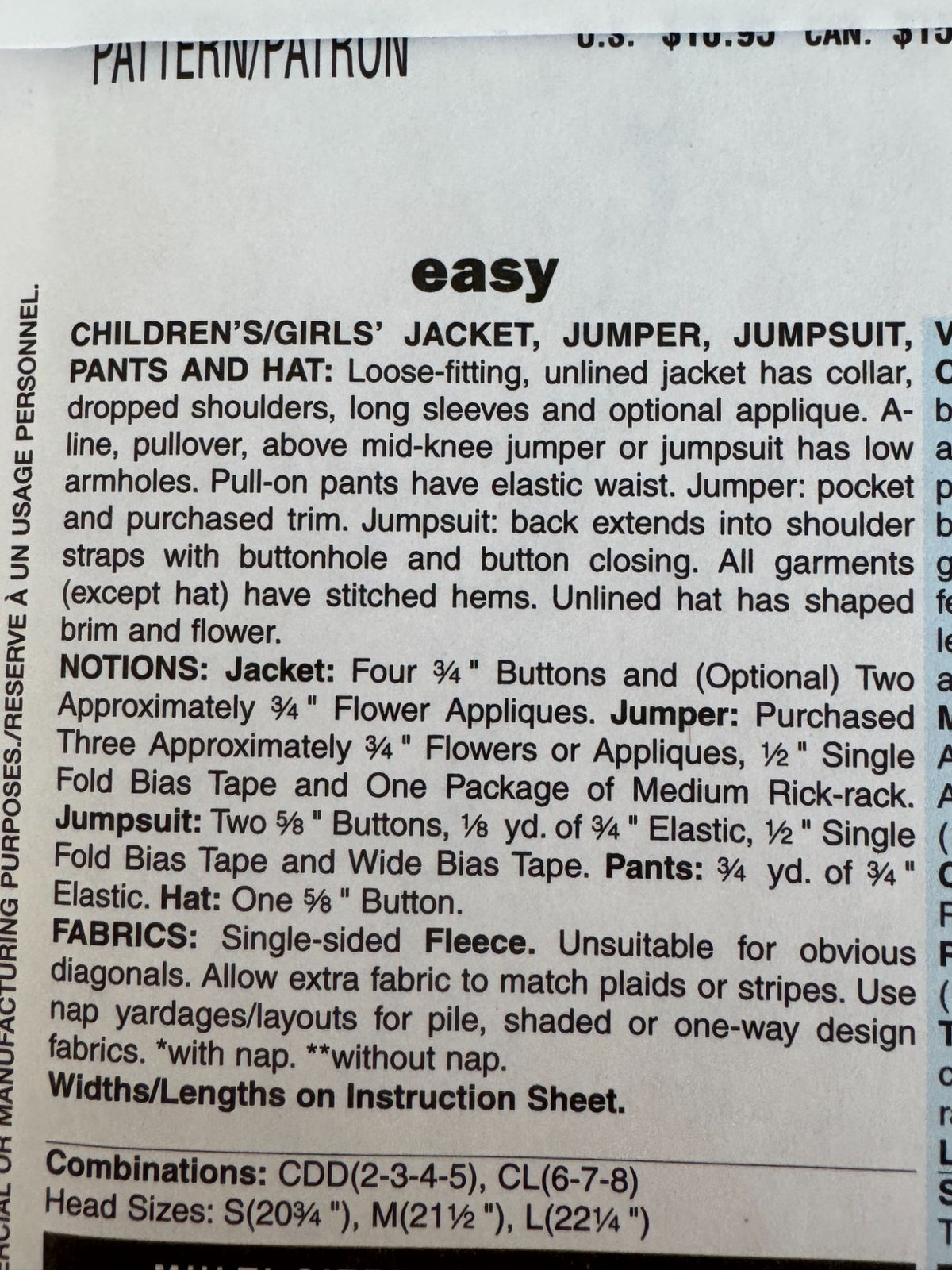 Butterick Sewing Pattern B4335 Winter Jacket Jumper Pants Toddler Girls 2 3 4 5