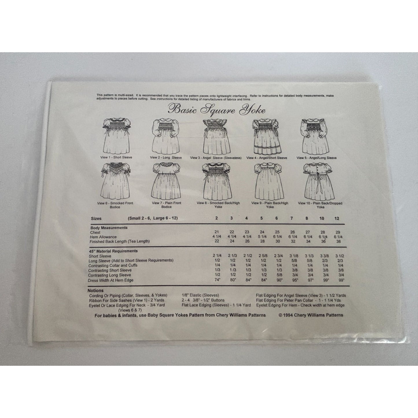 Chery Williams Heirloom Sewing Pattern Basic Square Yoke Dress Angel Sleeve 6-12
