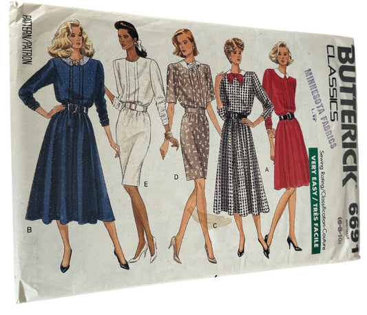 Butterick Sewing Pattern 6691 Midi Dress 80s Vintage Beginner Size 6 8 10 Uncut Day