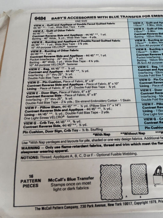 McCalls Sewing Pattern 6484 Baby Blanket Bag Pillow Accessories Uncut 1970s 1979