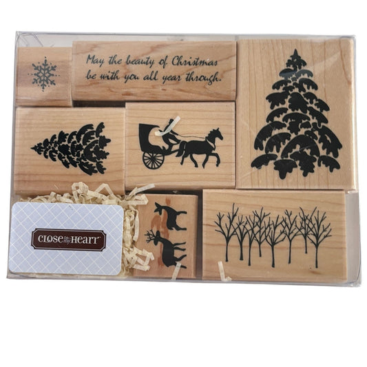 CTMH Wood Rubber Stamp Set Horse Buggy Silhouette Deer Christmas Tree Snowflake