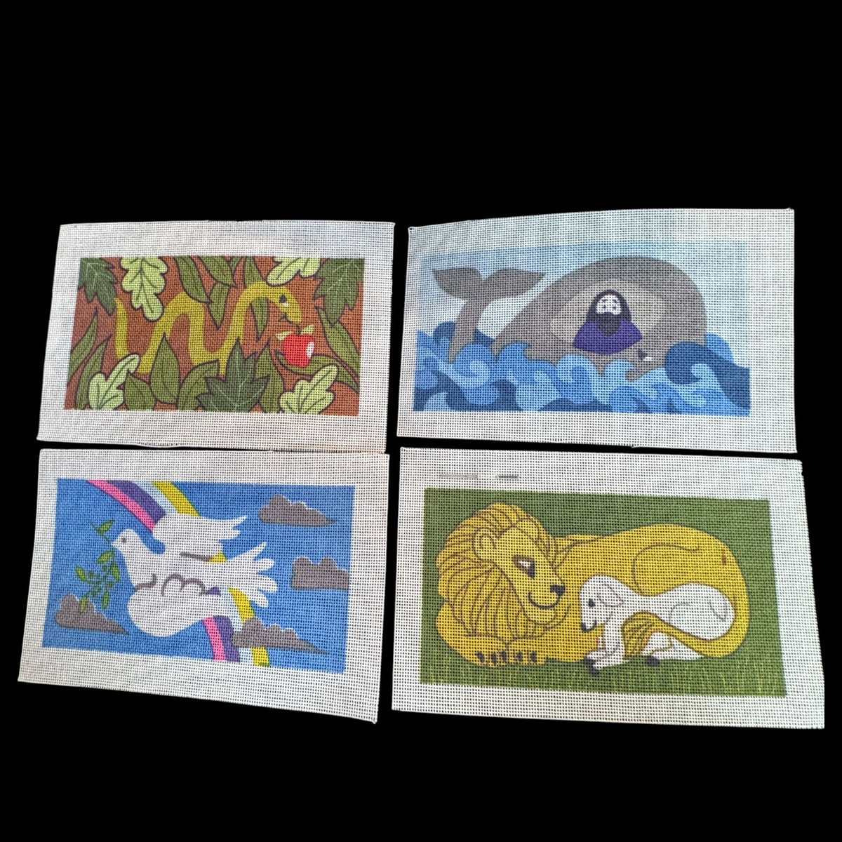 Biblical Needlepoint Canvas Set 4 Garden of Eden Noah Dove Lion Lamb Jonah Whale