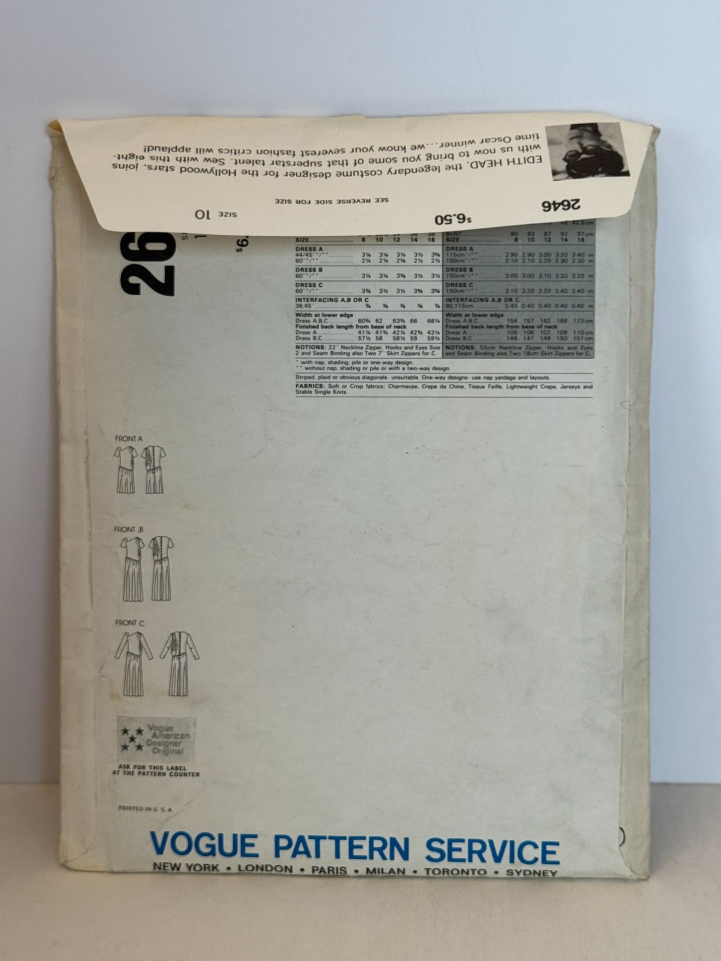 Vogue Sewing Pattern 2646 Bias Dress Edith Head Vintage 10 American Designers UC