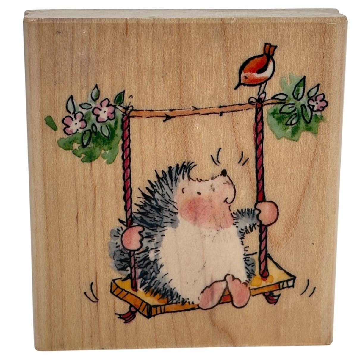 Penny Black Rubber Stamp Hedgehog on Swing Friendly Surprise Bird Cardmaking Art Wood Mounted